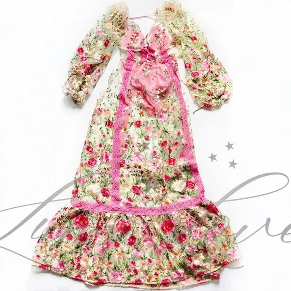 FOR LOVE & LEMONS Luna Maxi Dress In Embroidered Ethereal Floral (size S)  NWT - laplaya.ma